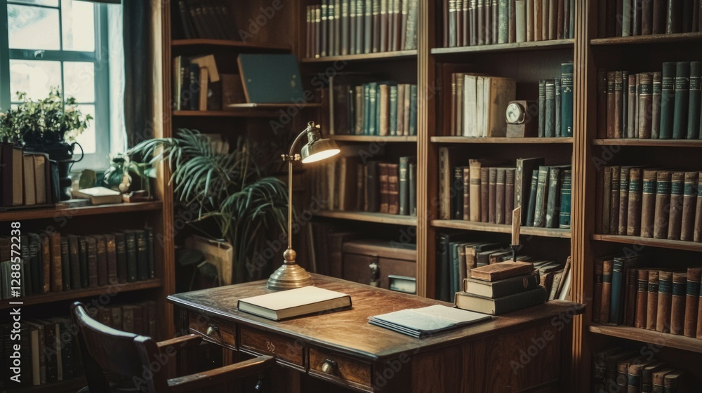 Cozy Home Library with Wooden Desk and Bookshelf Collection Cozy Home Library with Wooden Desk and Bookshelf Collection