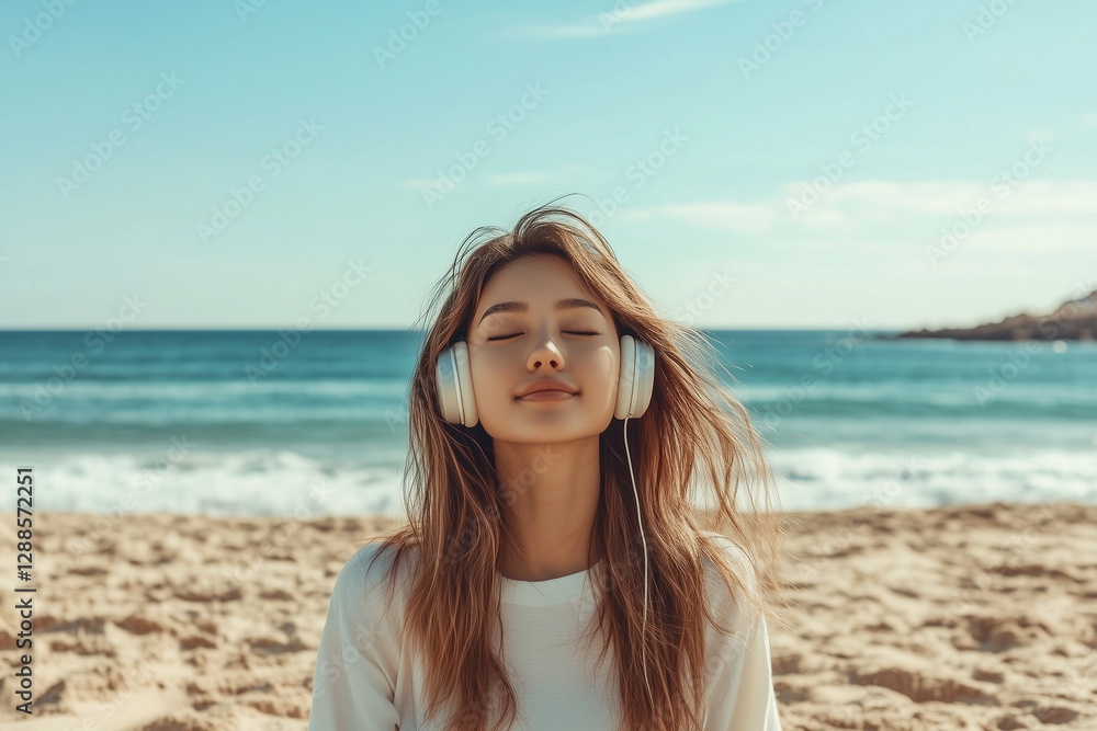 Young Asian woman enjoying a mindful moment on the beach, immersed in soothing music
Young Asian woman enjoying a mindful moment on the beach, immersed in soothing music