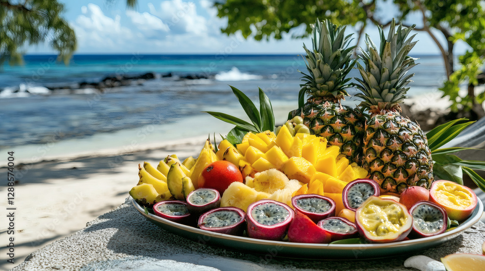 Exotic Tropical Fruit Platter with Pineapple, Mango, and Passionfruit on Beachside Table Exotic Tropical Fruit Platter with Pineapple, Mango, and Passionfruit on Beachside Table