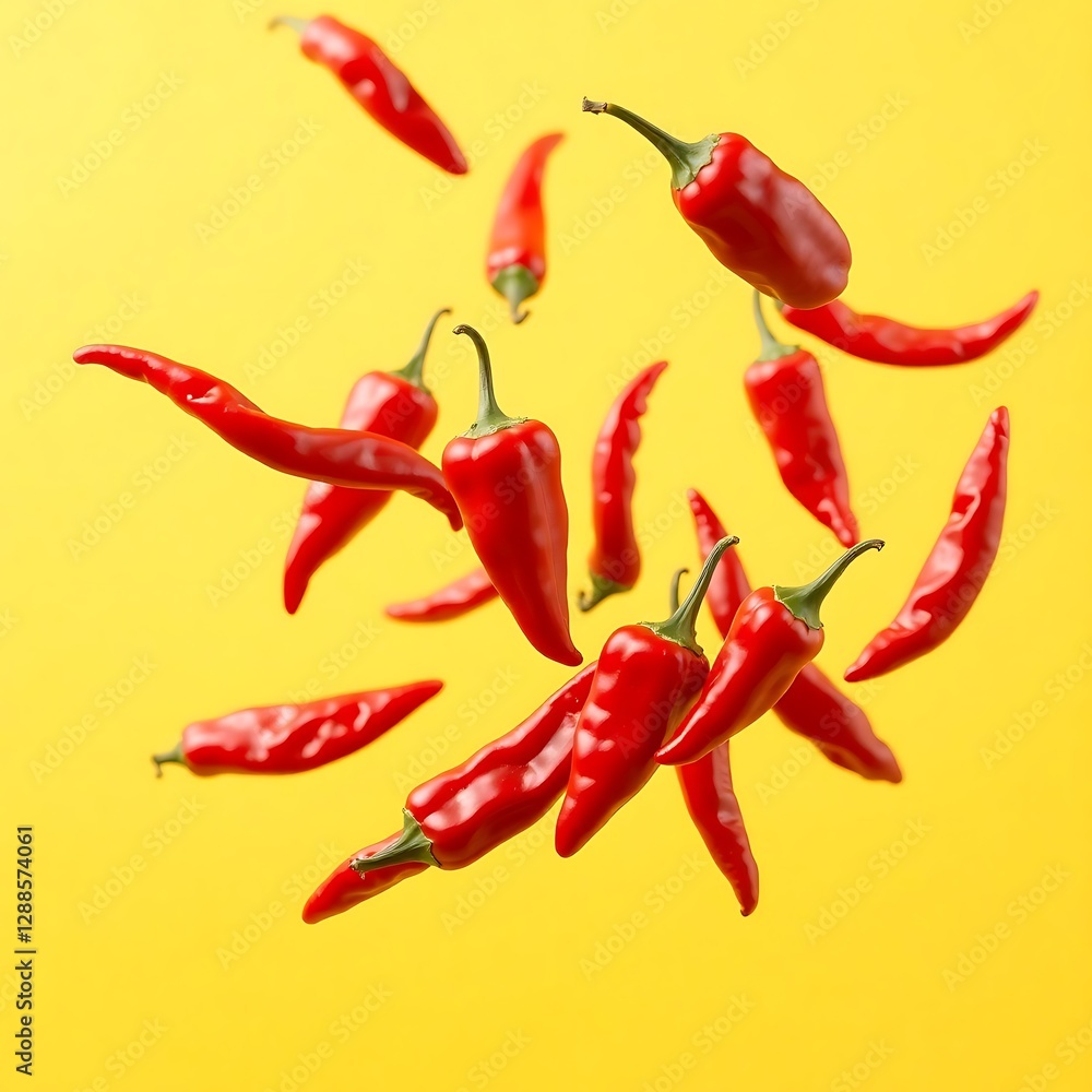 Red chili pepper floating composition energetic themed design Red chili pepper floating composition energetic themed design