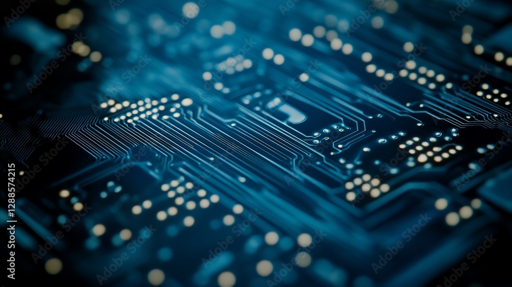 Obraz premium Circuit board detail, technology, close-up, blue, background blur, tech design