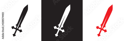 Sword icon.  Medieval sword, dagger, cross guard.  Isolated on white and black background. Vector illustration. EPS 10