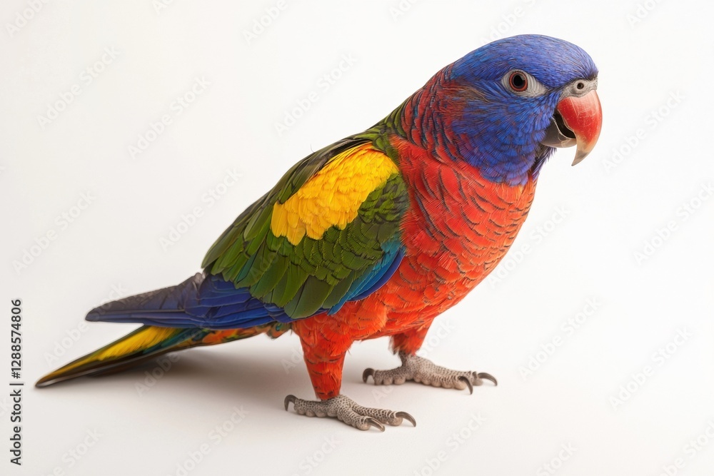 Fototapeta premium Colorful parrot perched gracefully, showcasing red, blue, green hues.