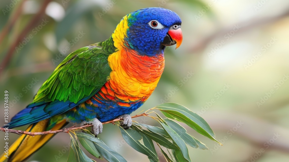 Naklejka premium Parrot vibrant green yellow blue red perched on branch leaves.