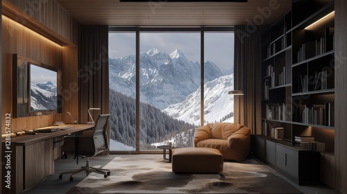 A chic, minimalist home office with a mountain view from a high-altitude haven, designed for comfort during extended stays.