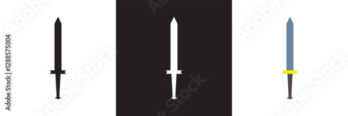 Sword icon.  Medieval sword, dagger, cross guard.  Isolated on white and black background. Vector illustration. EPS 10