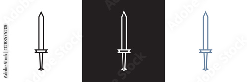 Sword icon.  Medieval sword, dagger, cross guard.  Isolated on white and black background. Vector illustration. EPS 10