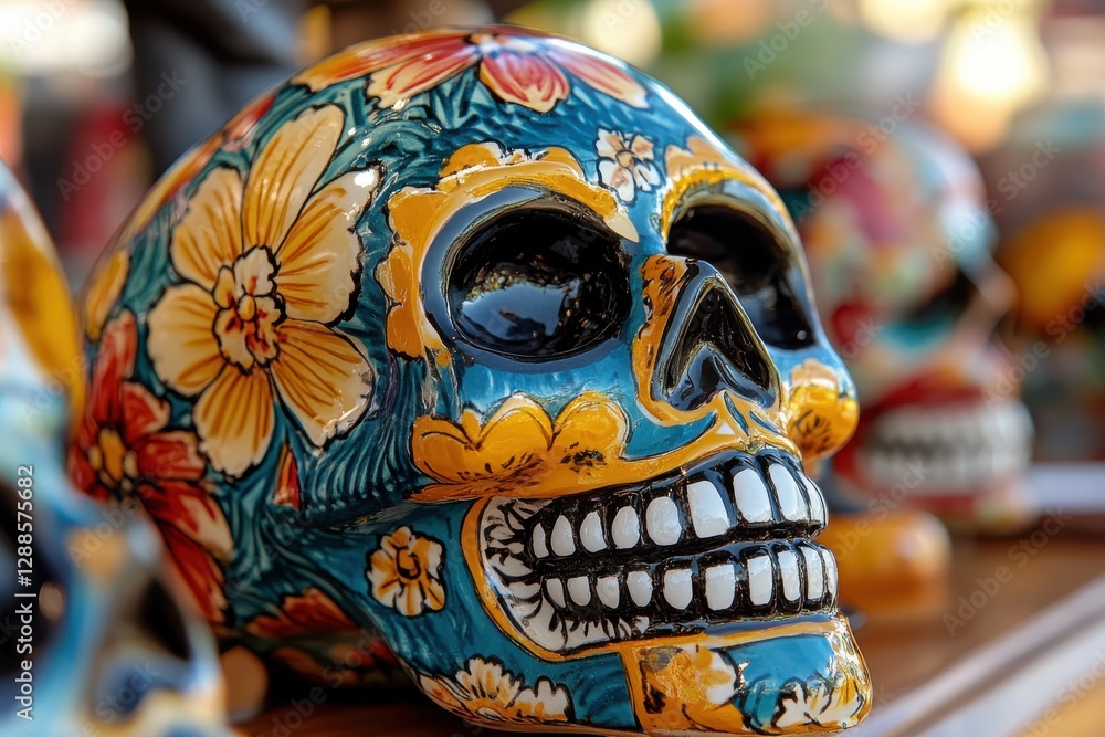 Fototapeta premium This vibrant, hand-painted sugar skull showcases intricate floral patterns and bold colors, beautifully representing the Day of the Dead traditions and cultural artistry.