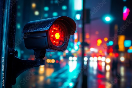 Nighttime surveillance  modern cctv camera with red light illuminates new york city streets