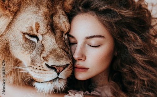 Wallpaper Mural woman and lion animal hugging closeup portrait. Leo horoscope woman aesthetic Torontodigital.ca