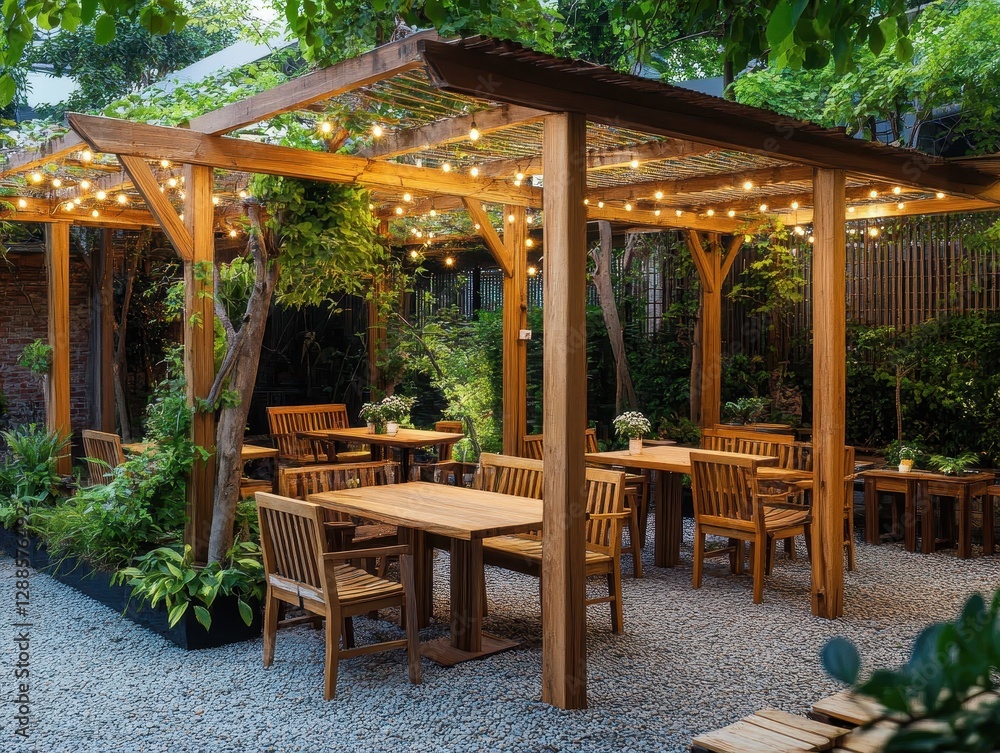 Serene Outdoor Patio Dining Area with Wooden Pergola and String Lights at Night Serene Outdoor Patio Dining Area with Wooden Pergola and String Lights at Night