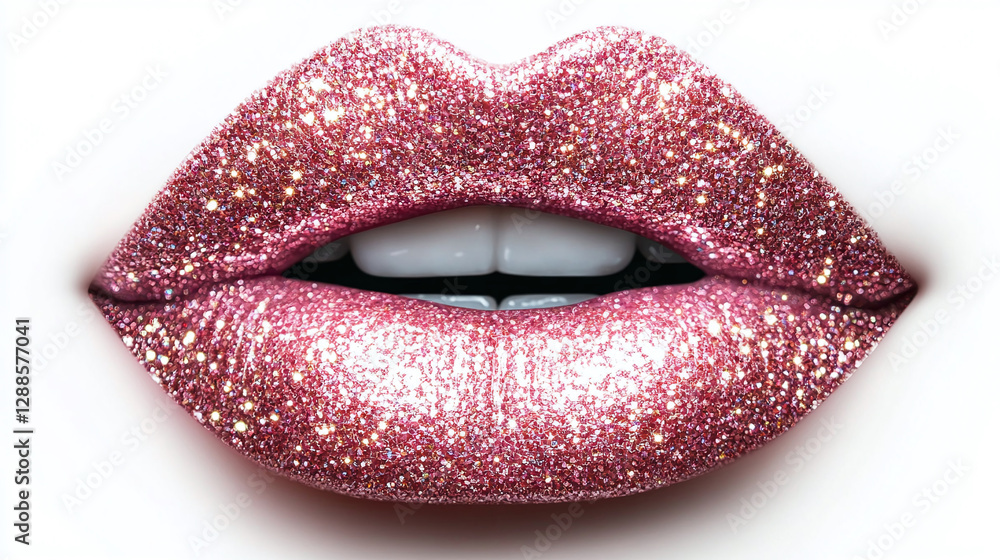 Close-up of a pair of full lips coated in shimmering pink glitter, catching the light in a dazzling display of beauty and glamour. Perfect for any event. Close-up of a pair of full lips coated in shimmering pink glitter, catching the light in a dazzling display of beauty and glamour. Perfect for any event.