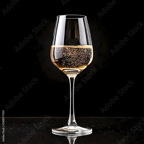 A glass of wine stands against a dark background. 
