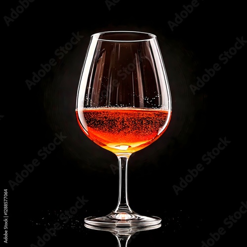 A glass of wine stands against a dark background. 