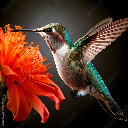A hummingbird hovers near a vibrant flower. 
