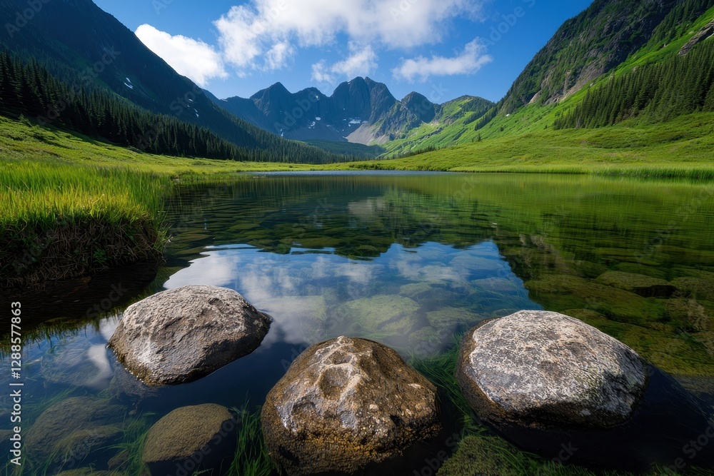 Fototapeta premium A serene landscape featuring mountains reflected in tranquil waters surrounded by greenery.