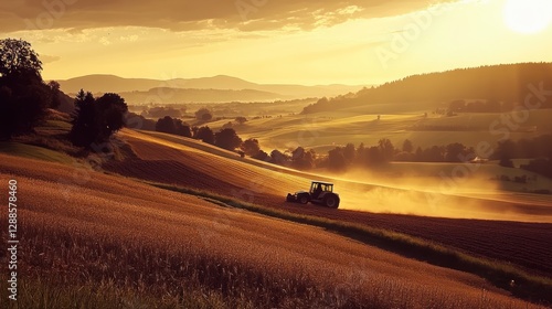 Tractor plowing sunset field, hilly landscape, agriculture
