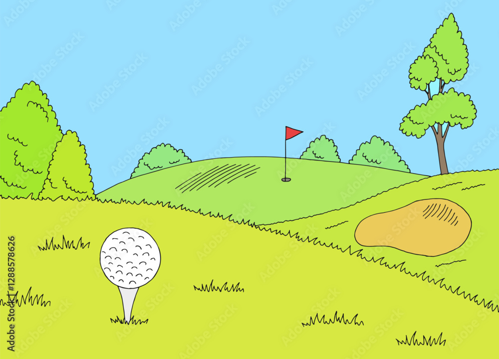 Fototapeta premium Golf course graphic color landscape sketch illustration vector 