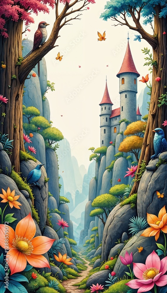 Fototapeta premium Enchanted Forest Path with Flowers, Castle, and Bird