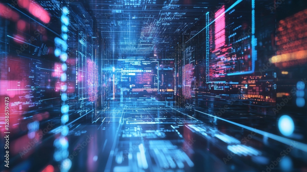 Obraz premium Futuristic Digital Corridor with Glowing Data Streams and Lights