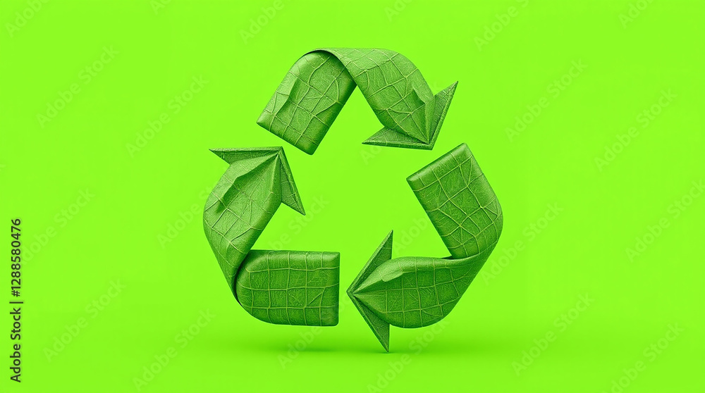 Recycle symbol with leaf texture on green background. Eco friendly, reuse, and environmental concept. 3d render