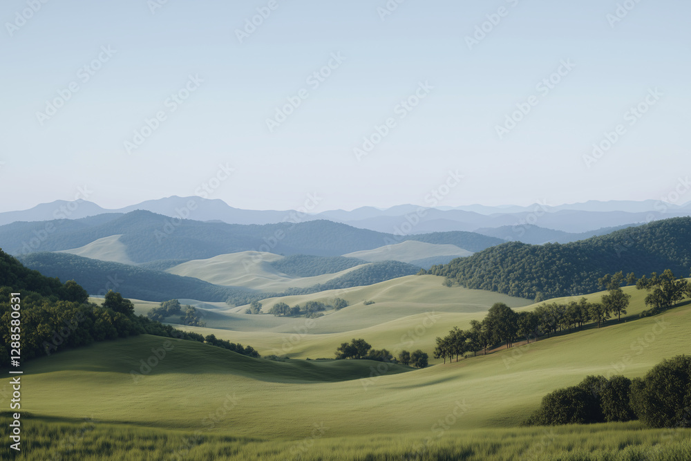Obraz premium Rolling Hills and Serene Skies: A breathtaking panorama of rolling hills bathed in the soft light of day, with layers of green fields and distant mountains under a vast, clear sky.