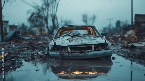 A digital tablet app demonstration for disaster insurance assessment amidst weather-related destruction featuring a damaged car in a flooded area.