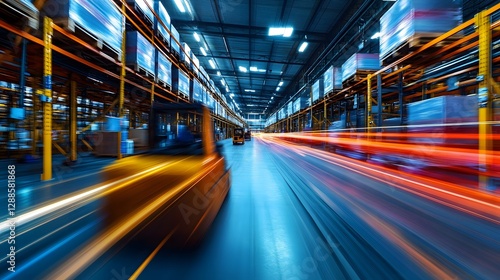 Motion Blur in Modern Warehouse with Forklift and Pallet Racks