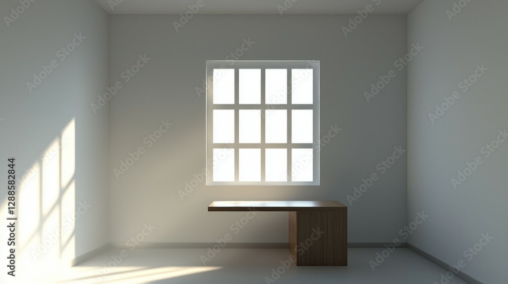 Minimalist Interior with Desk and Bright Sunlight Streaming In Minimalist Interior with Desk and Bright Sunlight Streaming In