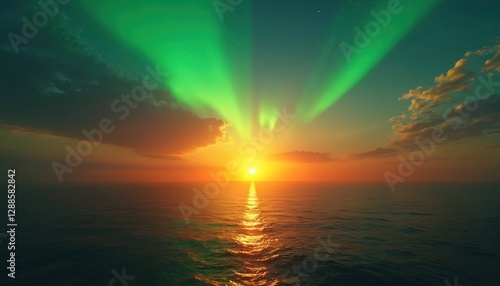 Fototapeta Naklejka Na Ścianę i Meble -  Vibrant sunset over calm ocean featuring rare green flash. Mesmerizing green glow across water, skyline. Warm sunlight reflection creates stunning, dramatic astral scenic seascape. Summer vacation