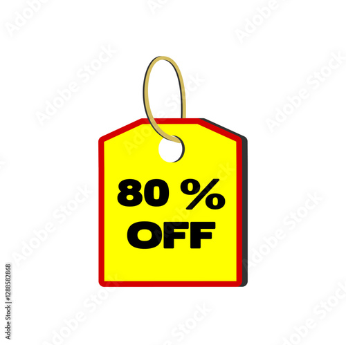 80% off yellow tag with red border, beige cord and white background