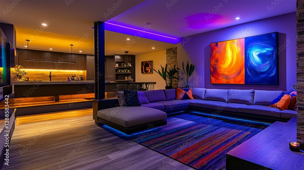Modern Living Room with Colorful Accent Lighting and Art Modern Living Room with Colorful Accent Lighting and Art