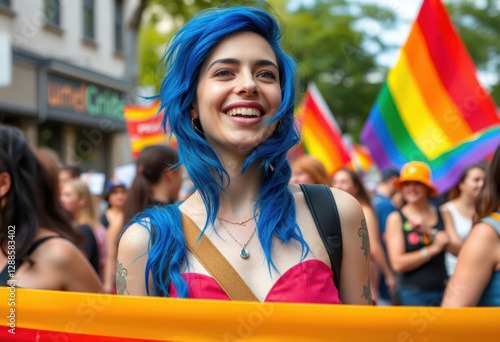 Joven mujer lesbiana con cabello azul celebrando el desfile del orgullo gay
 photo