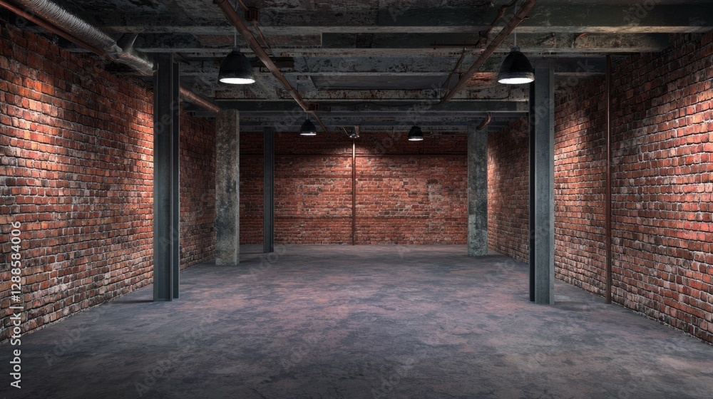 Empty Urban Industrial Space with Brick Walls and Modern Lighting Empty Urban Industrial Space with Brick Walls and Modern Lighting