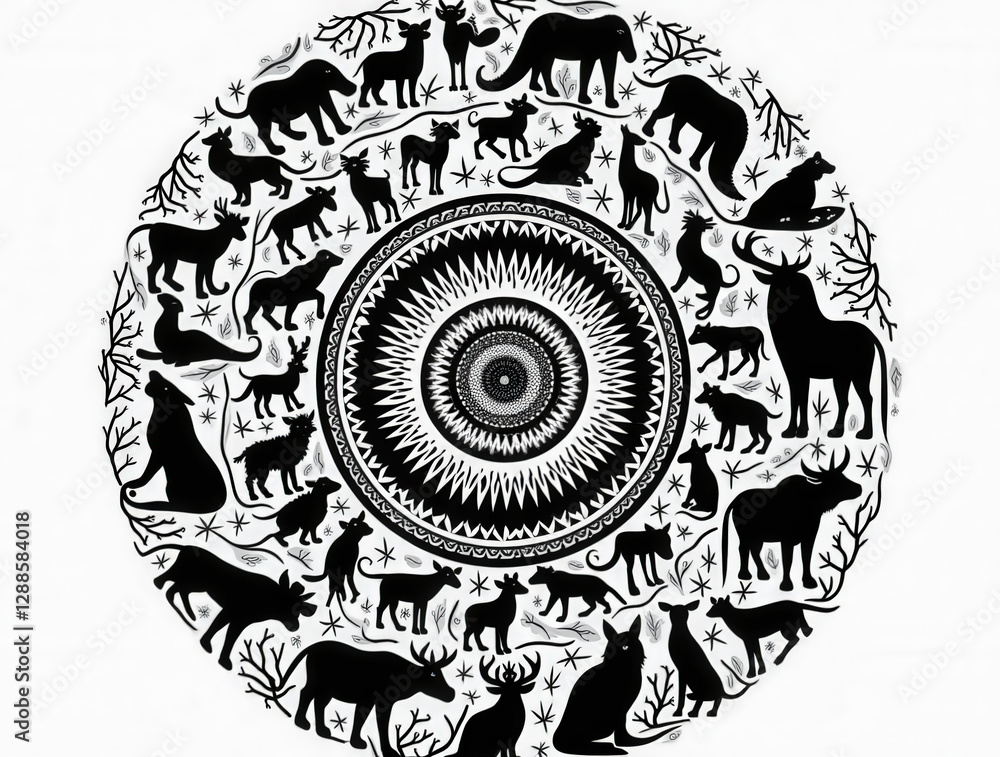 Obraz premium A detailed black and white mandala showcases a variety of animals arranged in a circular pattern, symbolizing the interconnectedness of nature and wildlife.