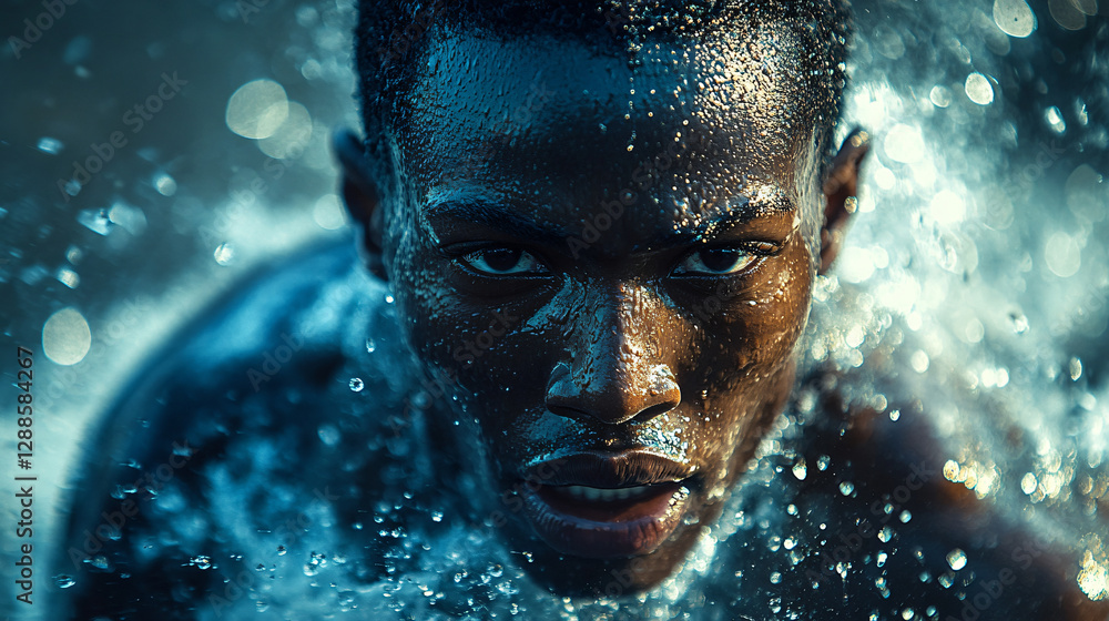 Man with wet face promoting endurance sports supplement during intense workout session Man with wet face promoting endurance sports supplement during intense workout session