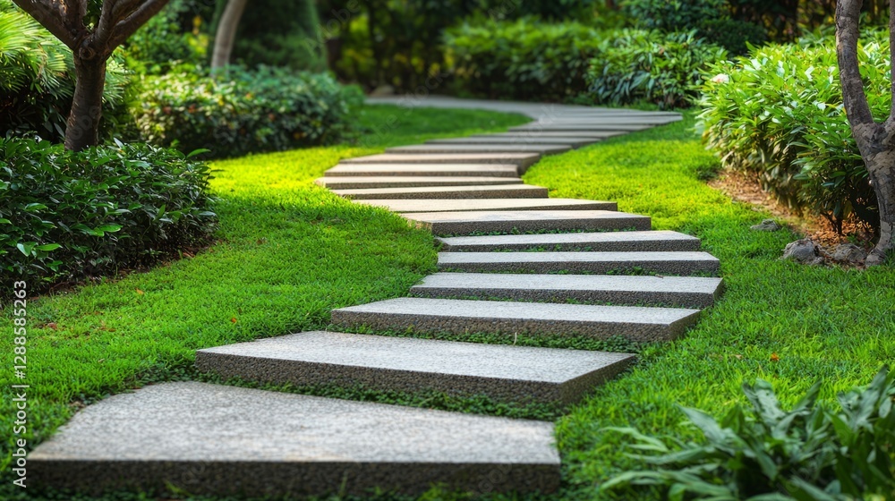 Serene Curved Stone Pathway Through Lush Green Garden Landscape Serene Curved Stone Pathway Through Lush Green Garden Landscape