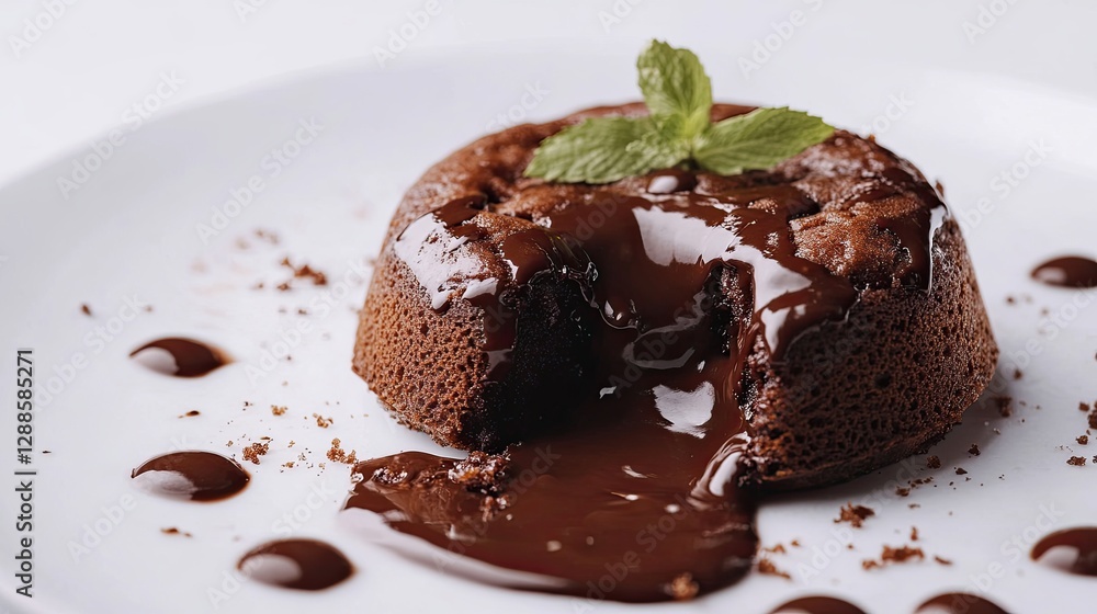 Chocolate lava cake with melted center served on white plate with chocolate drizzle and mint garnish Chocolate lava cake with melted center served on white plate with chocolate drizzle and mint garnish