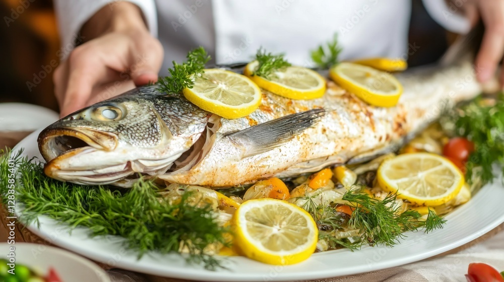 Freshly steamed whole sea bass with lemon slices arranged beautifully, highlighting its tender texture. --chaos 20 --ar 16:9 --quality 2 --v 6.1 Job ID: 3f1d59ec-4164-4e59-8a56-07ed057a14b9 Freshly steamed whole sea bass with lemon slices arranged beautifully, highlighting its tender texture. --chaos 20 --ar 16:9 --quality 2 --v 6.1 Job ID: 3f1d59ec-4164-4e59-8a56-07ed057a14b9
