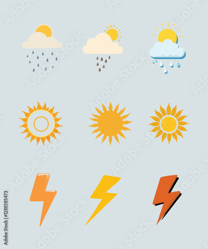 Set of weather icon element Vector, Weather forecast symbols color icons set of sun cloud rain vector illustration