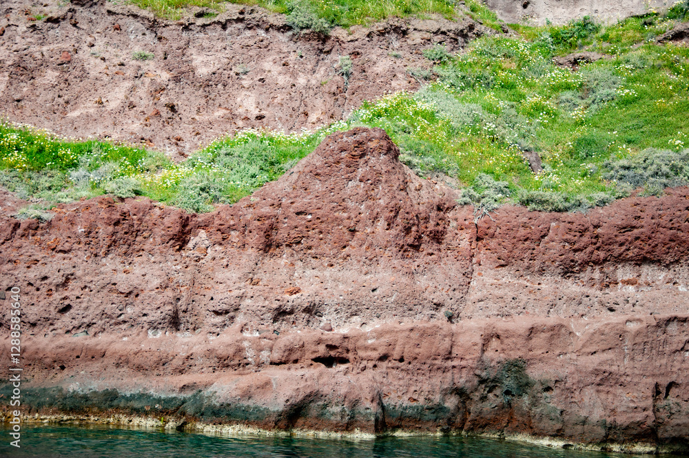 Fototapeta premium Tourism and travel destination, Greece. Geology. Volcanic rock nature. Rock formation with erosion. Landscape with rock formation. Nature formation. Geological rock formation. Volcanic cliffs