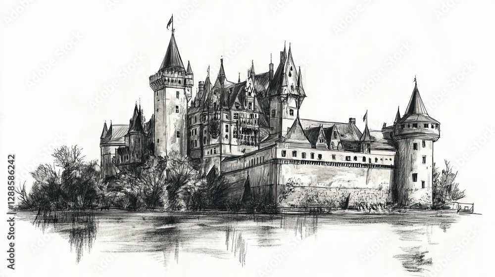 Obraz premium Medieval castle sketch in black and white with detailed towers and stone walls surrounded by water