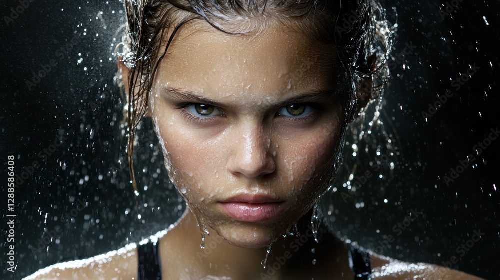 Obraz premium Teen girl, drenched, intense stare, dark background, studio portrait