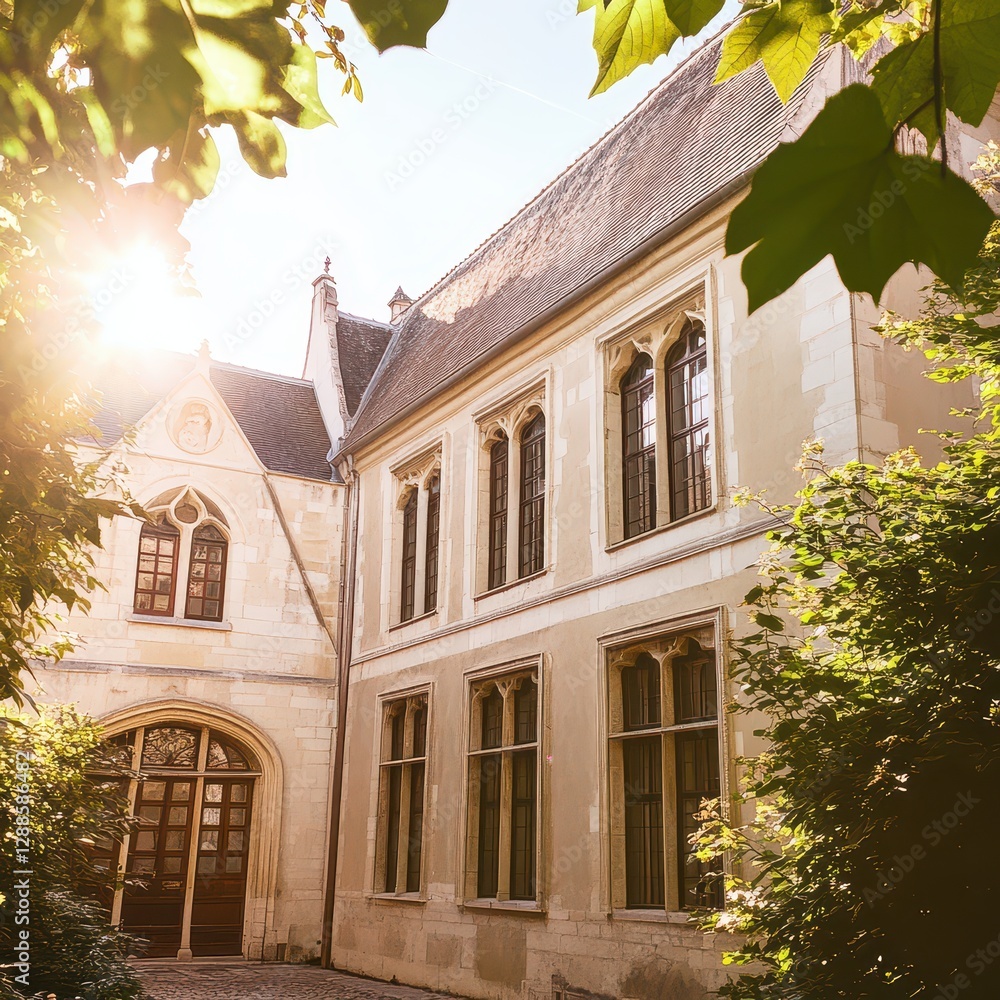 Fototapeta premium Sunlit historic building amidst greenery