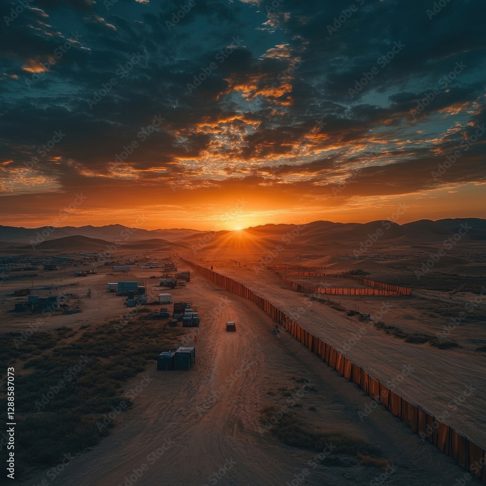 Fototapeta premium Sunset Over Desert Landscape with Border Wall and Vehicles
