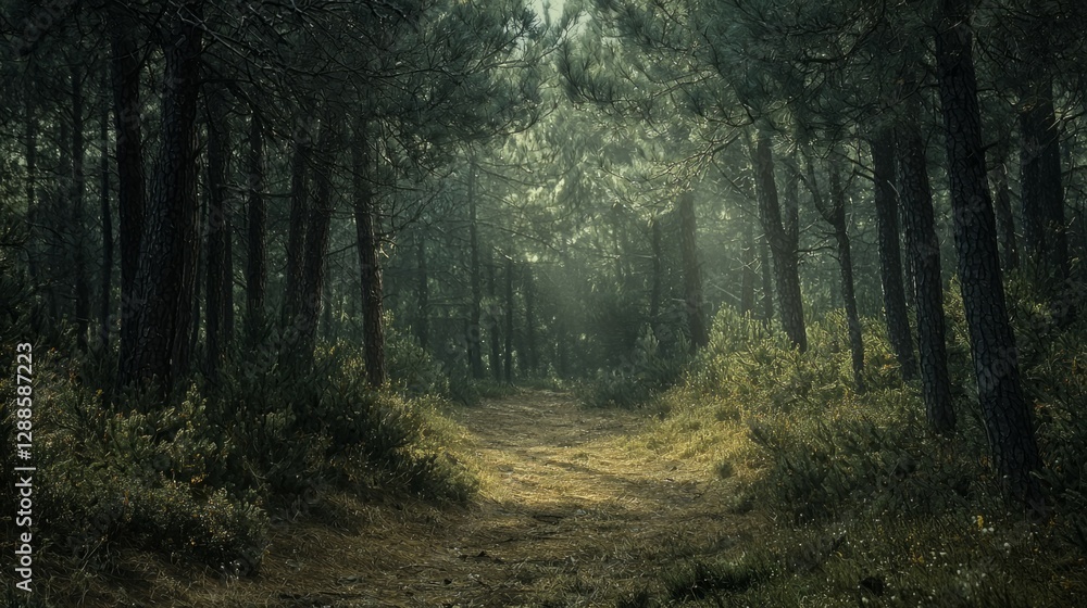 Fototapeta premium Tranquil Forest Pathway Surrounded by Lush Greenery and Light
