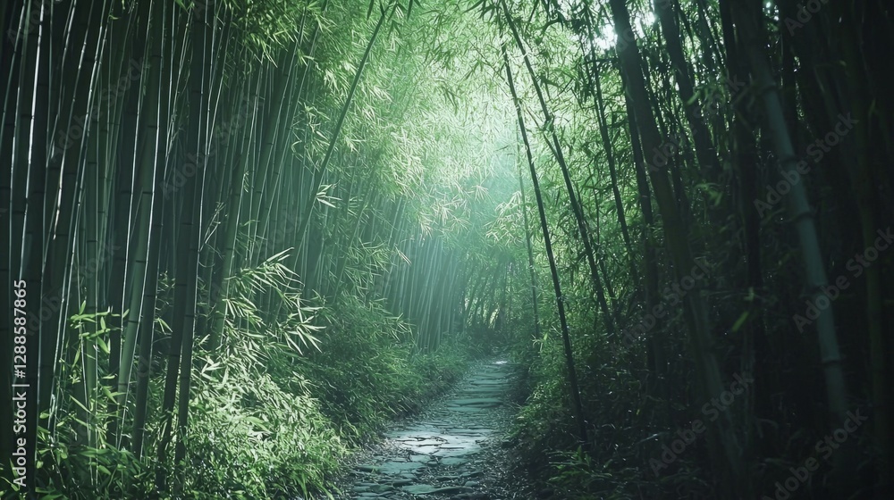 Obraz premium Tranquil Bamboo Forest Pathway Surrounded by Lush Greenery