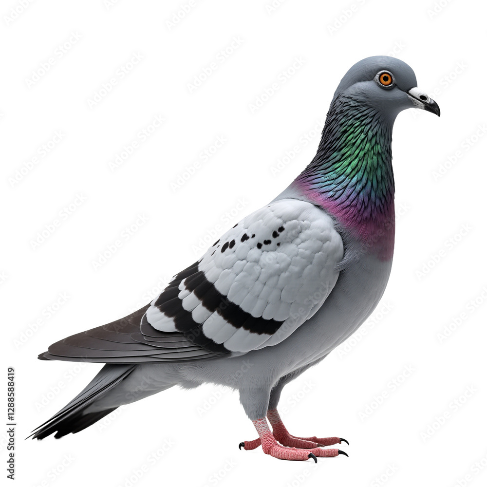 Isolated pigeon bird on white background. Studio shot, iridescent feathers. Use for design, education, advertising. Isolated on transparent background. Isolated pigeon bird on white background. Studio shot, iridescent feathers. Use for design, education, advertising. Isolated on transparent background.