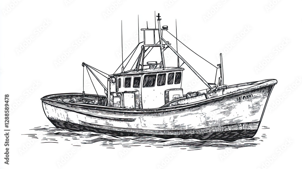 Hand drawn sketch of a classic fishing boat with detailed hull, rigging, and cabin floating on calm water in monochrome style Hand drawn sketch of a classic fishing boat with detailed hull, rigging, and cabin floating on calm water in monochrome style