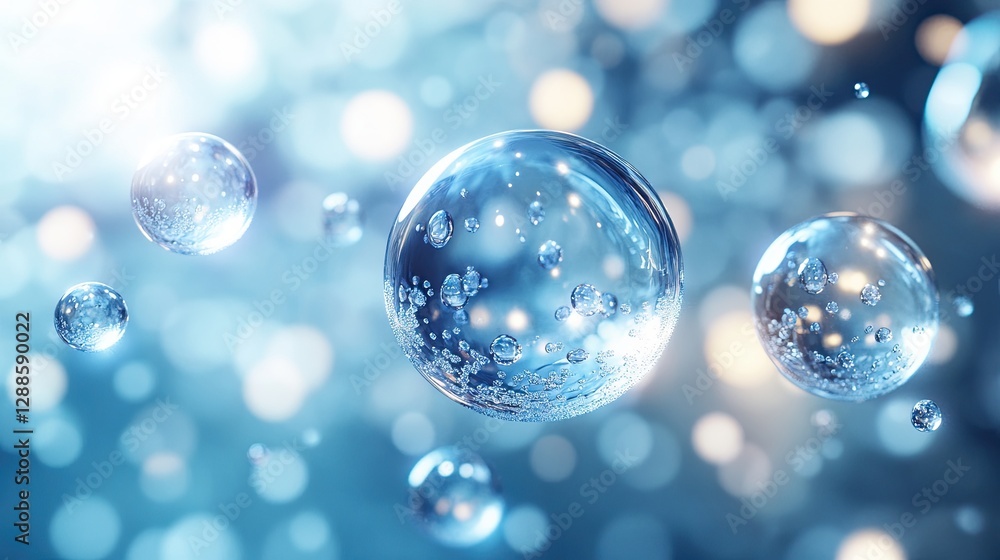 Transparent floating bubbles with light reflections and soft blue bokeh background in a dreamy atmosphere Transparent floating bubbles with light reflections and soft blue bokeh background in a dreamy atmosphere
